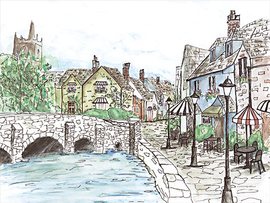 Kamdon Kreations KAM878 - KAM878 - River Walk Scene - 16x12 Travel, River Walk, Drawing Print, Outside Café, River, Bridge, Buildings, Landscape from Penny Lane