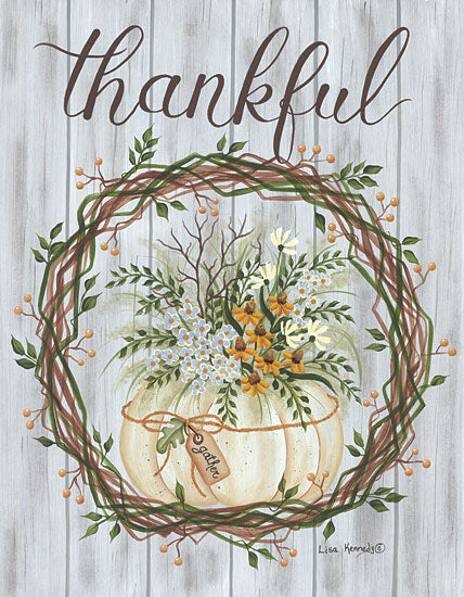 Lisa Kennedy KEN1197 - KEN1197 - Thankful - 12x16 Thankful, Pumpkins, White Pumpkins, Flowers, Wreath, Grapevine Wreath, Greenery, Calligraphy, Autumn, Signs from Penny Lane