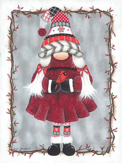 Lisa Kennedy KEN1237 - KEN1237 - Girl Gnome & Cardinal - 12x16 Winter, Whimsical, Gnome, Cardinal, Girl, Winter Clothes, Grapevine Border, Ivy, Berries from Penny Lane