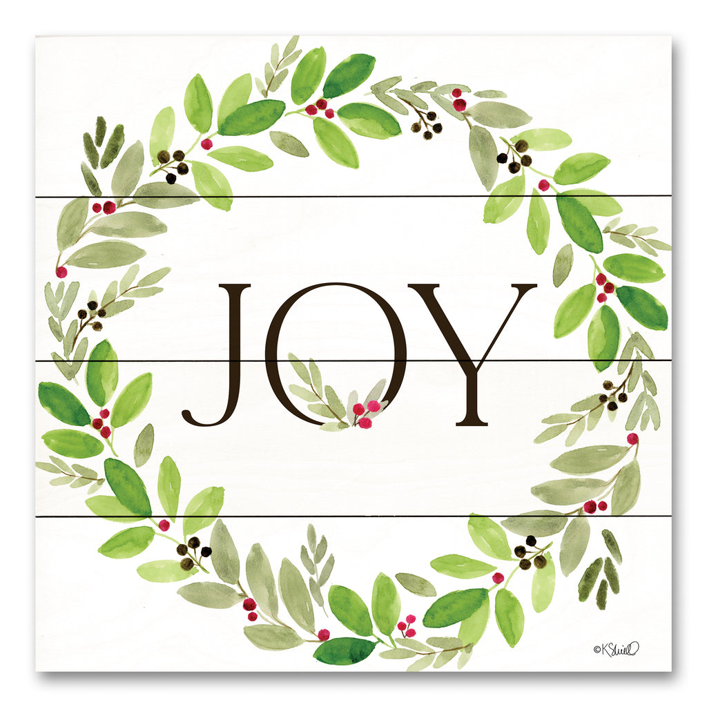 Kate Sherrill KS229PAL - KS229PAL - Joy Wreath - 12x12 Christmas, Holidays, Joy, Typography, Signs, Wreath, Greenery, Holly, Berries from Penny Lane