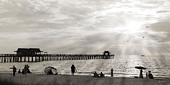 Lori Deiter LD3203 - LD3203 - Sunset at Naples Pier - 18x9 Coastal, Beach, Black & White, Pier, Naples, Sunset, People, Sunbathers, Beach Umbrellas, Florida, Summer, Photography from Penny Lane