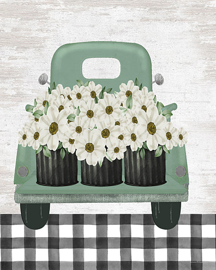 lettered & lined LET852 - LET852 - Sweet Farmhouse Flower Truck - 12x16 Still Life, Truck, Green Truck, Flower Truck, Flowers, Daisies, White Daisies, Whimsical, Truck Bed, Black & White Plaid, Spring, Farmhouse/Country from Penny Lane