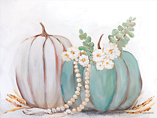 Mackenzie Kissell MKA179 - MKA179 - Farmhouse Pumpkin Arrangement - 16x12 Still Life, Fall, Pumpkins, Flowers, Bohemian, White, Blue Pumpkins, Beaded Cord, Greenery, Wheat, Cottage/Country from Penny Lane