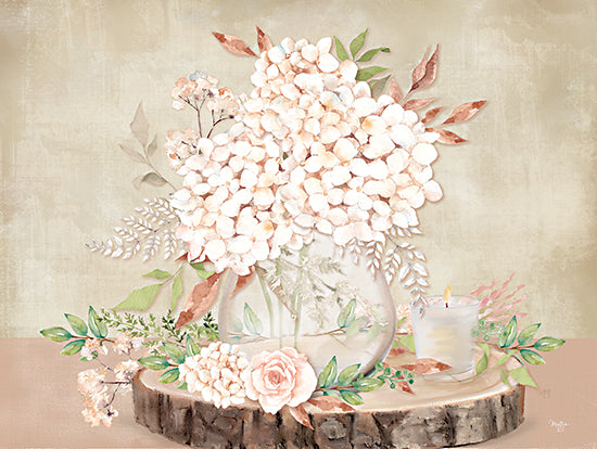 Mollie B. MOL2617 - MOL2617 - Hydrangea Centerpiece - 16x12 Still Life, Flowers, Hydrangeas, Pink Hydrangeas, Greenery, Wood Slice, Centerpiece, Candle, Spring, Spring Flowers, French Country from Penny Lane