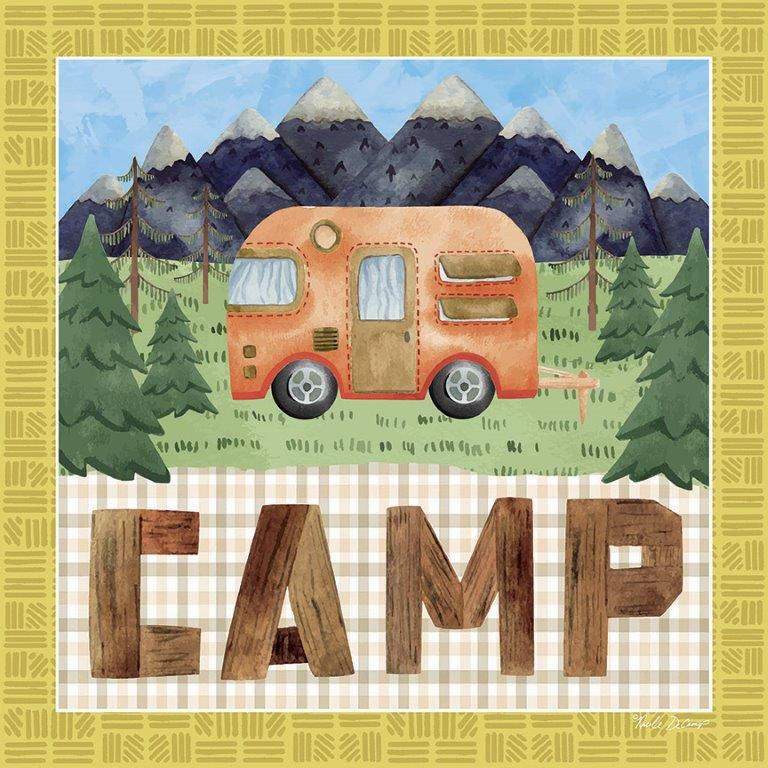 Nicole DeCamp ND223 - ND223 - Camp - 12x12 Camping, Camper, Landscape, Mountains, Trees, Plaid, Camp, Typography, Signs, Textual Art, Summer, Leisure from Penny Lane