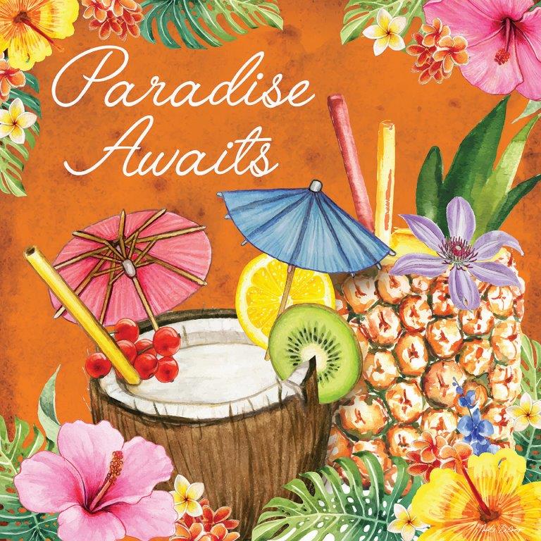 Nicole DeCamp ND232 - ND232 - Tropical Drink Paradise Awaits - 12x12 Tropical, Tropical Drinks, Coconut, Pineapple, Fruit, Paradise Awaits, Typography, Signs, Textual Art, Flowers, Palm Leaves, Paper Umbrellas from Penny Lane