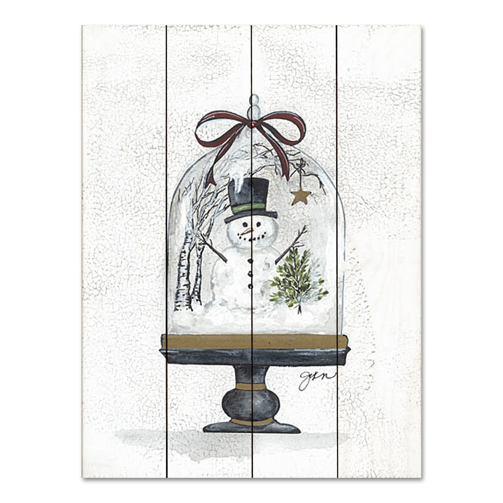 Julie Norkus NOR223PAL - NOR223PAL - Snowman Cloche - 12x16 Still Life, Snowman, Winter, Cloche, Trees, Snow, Decorative from Penny Lane