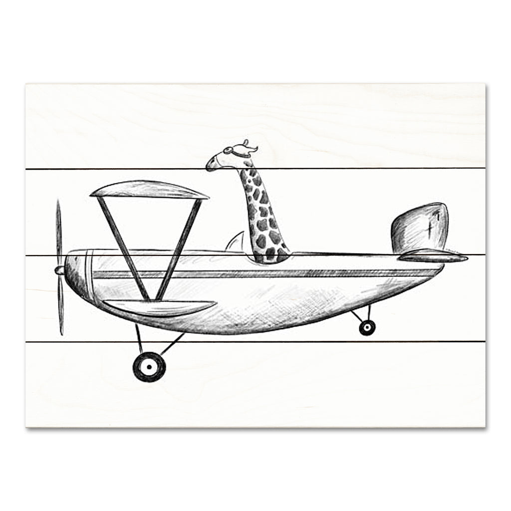 Rachel Nieman RN478PAL - RN478PAL - Giraffe in a Plane - 16x12 Plane, Airplane, Giraffe, Whimsical, Black & White, Drawing Print, Children from Penny Lane