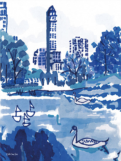 Stellar Design Studio SDS729 - SDS729 - City Pond - 12x16 City Pond, Abstract, Ducks, Skyline, City Buildings, Blue & White, Geese, Trees, City Park, Pond, Landscape from Penny Lane