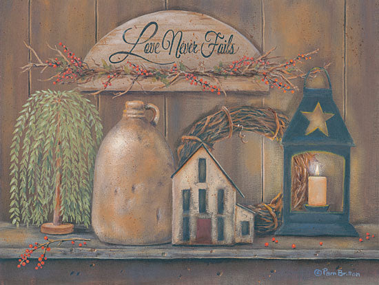 Pam Britton BR457 - Love Never Fails Shelf Love Never Fails, Shelf, Antiques, Lantern, Candle, Crock from Penny Lane