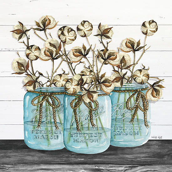 Cindy Jacobs CIN1582 - Blue Jars - Cotton Stems - 12x12 Glass Jars, Blue Jars, Cotton, Shiplap, Still Life from Penny Lane