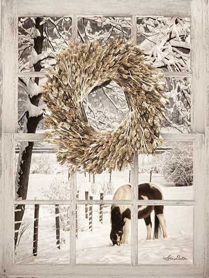 Lori Deiter LD1467 - Winter Horse Window View Window, Wreath, Wheat, Snow, Winter, Horse, Grazing from Penny Lane