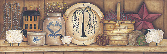 Mary Ann June MARY231 - Shelf Gathering - Shelf, Baskets, Saltbox House, Plate, Sheep, Crocks, Antiques from Penny Lane Publishing